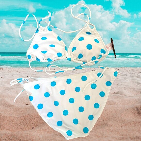NWT - NOBO 2 Piece String Bikini - White w/Sky Blue Polka Dots - Size XL - Picture 2 of 8